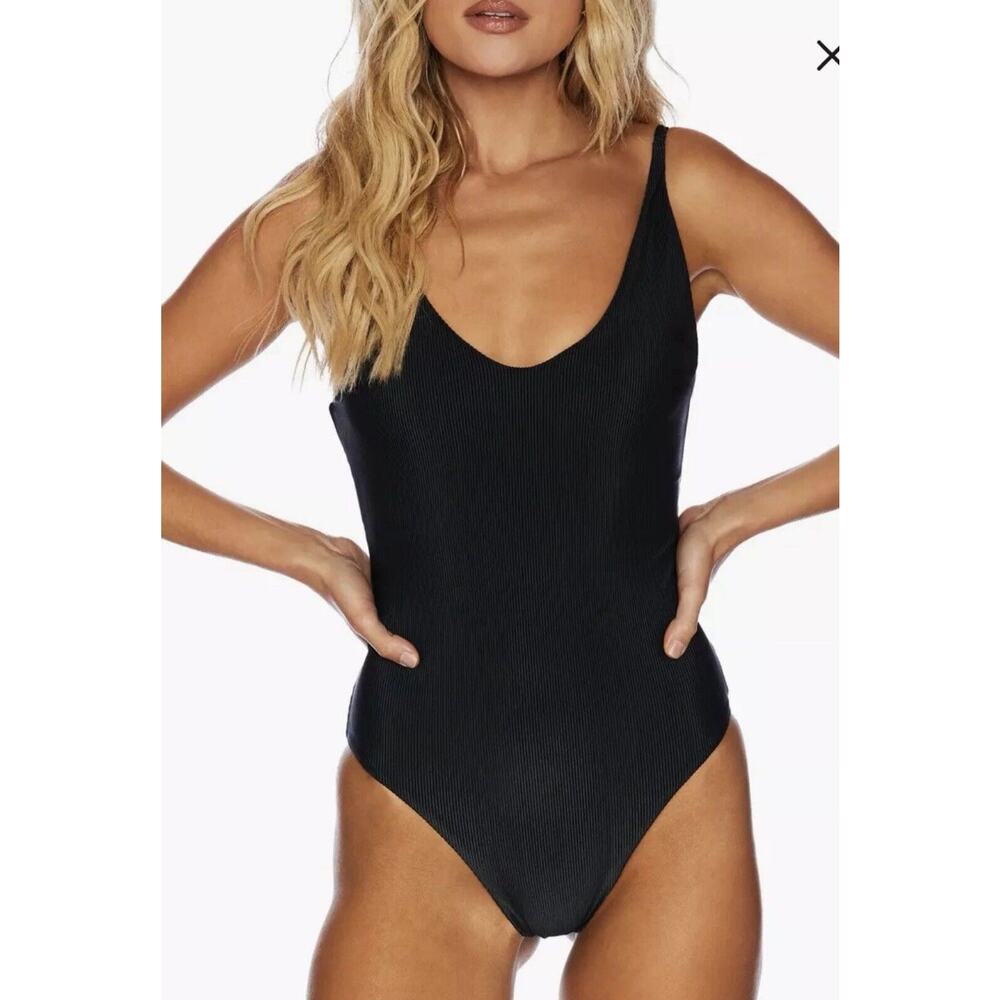 Beach Riot Womens Reese Black Ribbed V-Neck One Piece Swimsuit Size Medium M